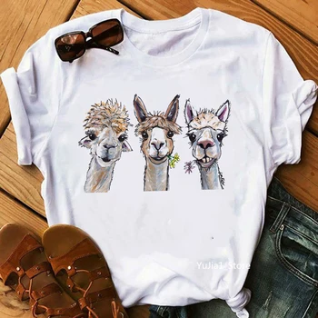 Naiste t-särk harajuku kawaii Alpacas loomade prindi naljakas t-särgid naiste suvine valge top camiseta mujer vabaaja riided tshirt