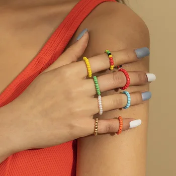 2021 Uus Värviline Riis Pärlitega Sõrmus Komplekt Naiste Mood Vintage Candy Värvi Pärlitest Rõngad Naine Tahke Geomeetriline Ringi Ehted Kingitus