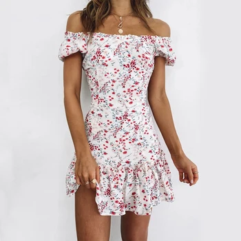 Naiste Suvel Maha Õla Õie Printida Kleit 2021 Vabaaja Ruffles Mini Vestidos Lühikesed Varrukad Naiste Lühike Beach Puhkus Kleit