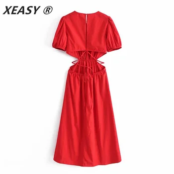 XEASY Za Naiste 2021 Suvel Punane Lõigatud Pikk Kleit Elastne Vöökoht Pool Rihmad Lühikesed Puhvis Varrukad Elegantne Kleidid