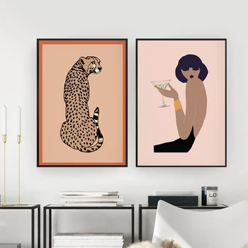 Boho Naine Gepard Plakatid ja Pildid Lõuendile Maali Leopard Loomade Seina Art Pilt elutuba Põhjamaade Stiilis Kodu Decor
