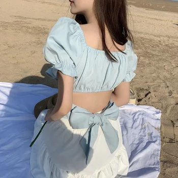 Casual Korea Elegantne Pluusid Naistele Backless Bule Sexy Stiilne Magus Armas Pluusi Puhvis Varrukad Vibu Sidemega Moekunstnik Beach Top