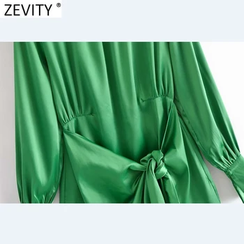 Zevity Naiste Vintage Õla Polsterdatud Tahke Satiin Mini Särk Kleit High Street Daamid Pikad Varrukad Vibu Seotud Vabaaja Vestidos DS8599