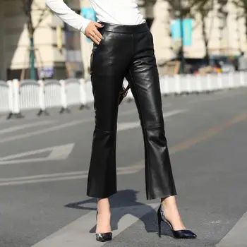 Nahast püksid naiste põletatud püksid bell bottom püksid 2019 uus mood tõeline lambanahk nahast naiste pikad püksid