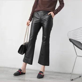 Nahast püksid naiste põletatud püksid bell bottom püksid 2019 uus mood tõeline lambanahk nahast naiste pikad püksid