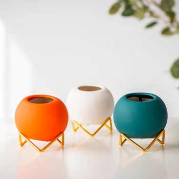 Loominguline Morandi Värvi Keraamiline Vaas Koos Kuldne Metallist Raam Stiilne Elutuba Desktop Kaunistused Ring Lille Pott Nordic Jar Kodu