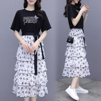 Korea Naiste lühikeste varrukatega T-Särk lahti kihiline kleit sifonki Seelik Sobib Mood värvel Seelik Komplekti Naine, Kahe-osaline Komplekt