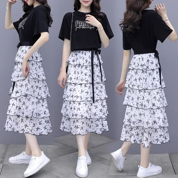 Korea Naiste lühikeste varrukatega T-Särk lahti kihiline kleit sifonki Seelik Sobib Mood värvel Seelik Komplekti Naine, Kahe-osaline Komplekt