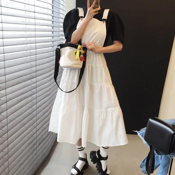 Korejpaa Naiste Kleit Komplektid 2021 korea Fashion Stiilne Suve O-kaeluse Mull Varrukas T-särk ja Kõrge-waisted Strappy Kleidid Ülikond
