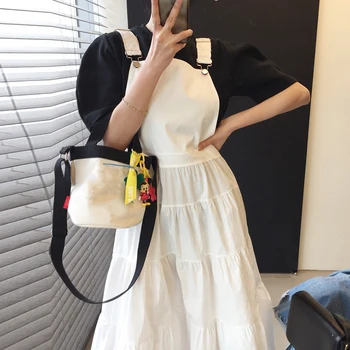 Korejpaa Naiste Kleit Komplektid 2021 korea Fashion Stiilne Suve O-kaeluse Mull Varrukas T-särk ja Kõrge-waisted Strappy Kleidid Ülikond