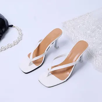 2021 suvel uued sandaalid naiste õhuke kanna keskmised kanna fairy style cowhide mood naiste kingad clip varba mood