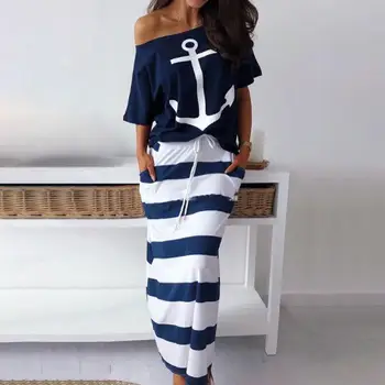Naiste Sexy Off-õla Kahe-osaline Komplekt, Kleit Mood Paadi Ankur Trükitud Tops Triibuline Seelik Set Suvel Vabaaja Pikk Sirge Kleit