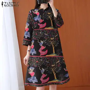 Vintage Kleit Naiste ZANZEA 2021 Kevadel Prindi Põlve Pikkus Vestidos Casual-Nupp Üles Puuvillast Voodipesu Sundress Daamid Rüü