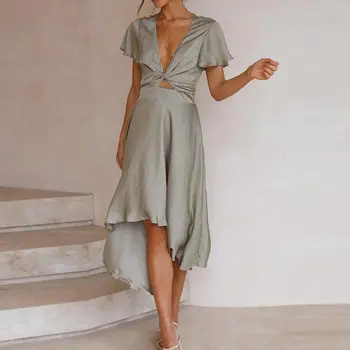WildPinky Vabaaja Värviga Sügav V-kaelus Suvel Naiste Kleit 2021 Elegantne Õõnes Välja Office Daamid Kleidid Lühikesed Varrukad Vestidos