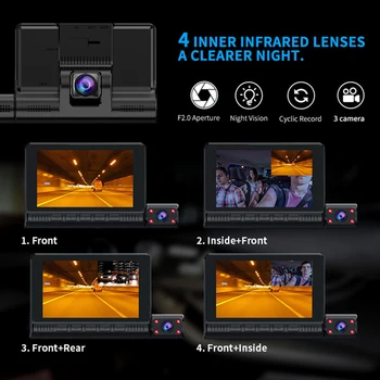 1080P Car DVR 3 Kaamera Objektiiv Dashcam 1080P HD 4 Tolline Puutetundlik Auto videosalvesti Ees Taga Vaadata, 24h Sõiduki Must Kast