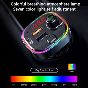 Bluetooth, FM Saatja, Käed-Vabad autovarustus 7 Värvi LED Taustavalgustusega autolaadija 18W PD QC3.0 Dual USB Laadija Adapter Auto