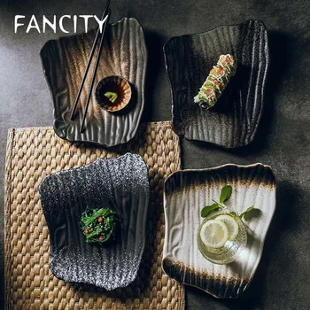 FANCITY Loominguline keraamiline sushi plaat, Jaapani stiilis ebaregulaarne lamedad, mustad hommikusöök plaat -, majapidamis-roog plaat, magustoit
