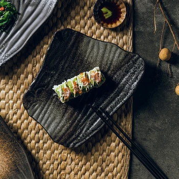 FANCITY Loominguline keraamiline sushi plaat, Jaapani stiilis ebaregulaarne lamedad, mustad hommikusöök plaat -, majapidamis-roog plaat, magustoit