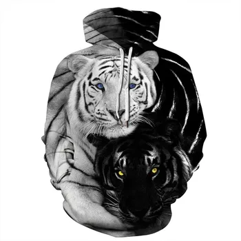 Suvi Loomade Tiiger Must ja Valge Print Meeste ja Naiste Hupparit, millel on Taskud Pikkade varrukatega Dressipluus Hip-Hop-Suurpärase