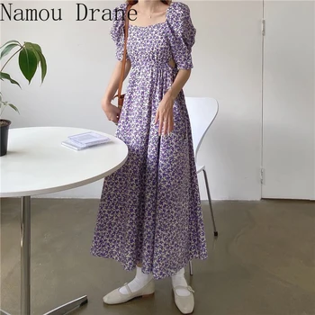 2020 Vintage Puhvis Varrukad Kleit Õõnes Välja Slim Talje Trükitud Õie Keskel Vasikas Kleidid Naiste Suvel Uus Korea Vestidos