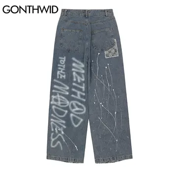GONTHWID Õnnetud Teksad Streetwear Sall Paisley Muster Segast Denim Püksid Harajuku Hip-Hop Vabaaja Kottis Püksid Püksid