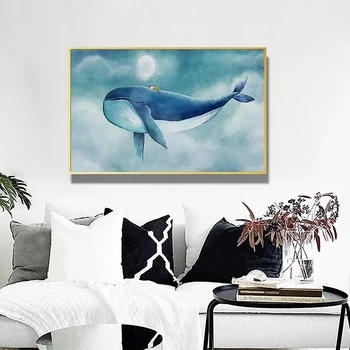 Armas Blue Whale Lõuendile Maali Kaasaegne Cartoon Seascape Plakatid ja Pildid Seina Art Pilte Kids Room Home Decor Cuadros