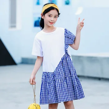 Suvel Casual Kleit Tüdrukud 8 10 12 aastat vana Lapitekk Ruuduline Vabaaja Puuvillased Kleidid Ruffles