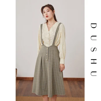 DUSHU Pluss suurus pikk ruuduline-line seelik Naiste kevad-suvel vintage suspender seelik Naine elegantne kõrge vöökoht elastne seelik 2021