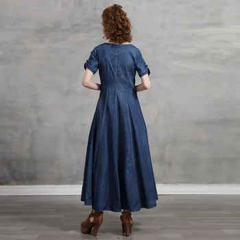 Suvel Naiste Kleit 2021 Suur Kiik Cheongsam Denim Kleit V-Kaeluse Vintage Tikandid Lühikesed Varrukad Ühe Karavan Maxi Kleit