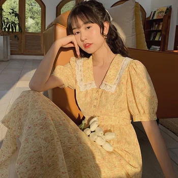 Naiste Korea Elegantne Magus Armas Prindi Midi Kleidid 2021 Suvel Vintage Õie Kleit V-Kaelusel Pits Prantsuse Puhkus Cottagecore Kleit