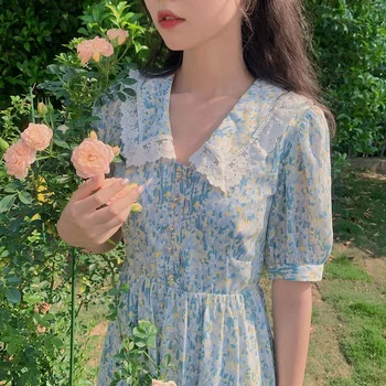 Naiste Korea Elegantne Magus Armas Prindi Midi Kleidid 2021 Suvel Vintage Õie Kleit V-Kaelusel Pits Prantsuse Puhkus Cottagecore Kleit