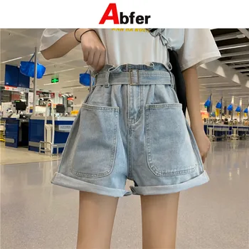 Abfer 2021 Suvel korea Stiilis Kõrge Vöökoht Pits-up Denim lühikesed Püksid Naistele Tiivad Kottis Teksad Streetwear Lai Jalg Püksid Kpop Pluss Suurus