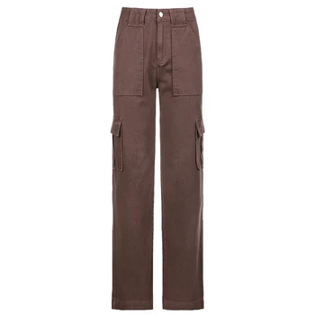 90s Vintage Pruunid Püksid Naine Y2K Esteetiline Kõrge Waisted Cargo Püksid Tasku Sirged Pikad Püksid Daamid Fashion Streetwear