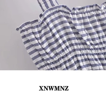 XNWMNZ 2021Vintage Pikk Triibuline Suvine Kleit Naistele Laiad Rihmad Varrukateta Kleidid Beach Naine Smocked Elastne Sinine Plisseeritud Kleit