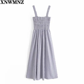 XNWMNZ 2021Vintage Pikk Triibuline Suvine Kleit Naistele Laiad Rihmad Varrukateta Kleidid Beach Naine Smocked Elastne Sinine Plisseeritud Kleit