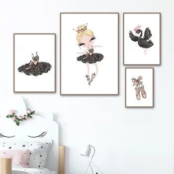 Cartoon Ballet Girl Must Luik Seina Art Lõuend Maali Nordic Plakatid Ja Pildid Seina Pildid Kids Room Lasteaed Decor