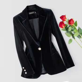 Must Kuld velvet Sobiks Jakk Naiste 2021 Kevad Sügis Uued Naiste Elegantne Temperament Slim Outwear Pluss suurus Daam Bleiser Mantlid