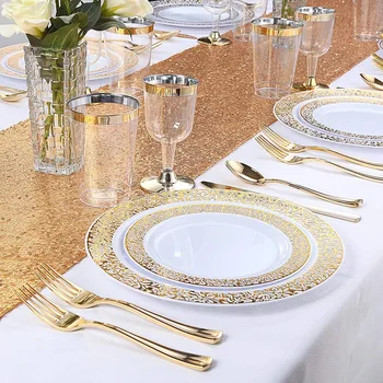 10 Ühekordsed Nõud Sünnipäeva Pulm Restoran Asjade Gold Serv Plastikust Plaat kullatud Tass, Nuga ja Kahvel Lusikas