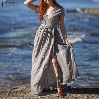 Naiste Elegantne Puuvill Vestido ZANZEA 2021 Suvel V Kaela seal kaftan Holiday Beach Casual Kleidid Naiste Mood Korrus Kleit