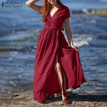 Naiste Elegantne Puuvill Vestido ZANZEA 2021 Suvel V Kaela seal kaftan Holiday Beach Casual Kleidid Naiste Mood Korrus Kleit