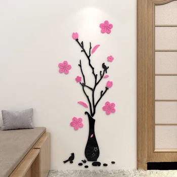 Rose Vaas Akrüül Seina Kleepsud elutuba, Magamistuba Plum blossom DIY Kunst Seina kaunistamiseks Mood lill Home decor