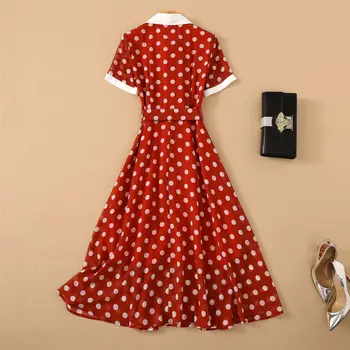 Vintage Punane Polka Dot Pikad Kleidid Naistele 2021 Suvel Raja Disainerid Elegantne Lühike Varrukas Plisseeritud Midi Sifonki Kleit