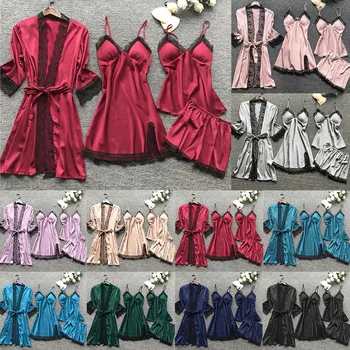 2021 Naiste Pidžaama Komplekti Satiin Sleepwear Silk 4 Tükki Nightwear Pyjama Spagetid Rihm Pits Magada Lounge Pijama Koos Rinna Padjad