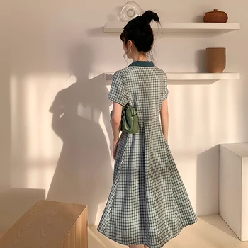 2021 korea Stiilis vintage Ruuduline trükkimine Polo krae midi kleit suvel Kõrge vöökoht nupud Streetwear kleidid Vabaaja roheline kleit