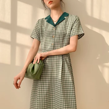 2021 korea Stiilis vintage Ruuduline trükkimine Polo krae midi kleit suvel Kõrge vöökoht nupud Streetwear kleidid Vabaaja roheline kleit