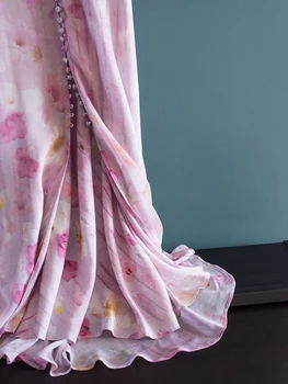 Roosa Õie Printida Midi Kleit Naiste V-kaeluse Ühe Karavan Lühikesed Varrukad 2021 primavera Naiste Kõrge Vöökoht Riideid
