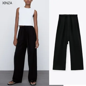 Naiste Must Kõrge Vöökoht Flowy Suve Püksid Za 2021 Elastne Vöökoht Ees Noolemäng Seotud Lai Jalg Püksid Naiselik Ja Stiilne Vintage Püksid