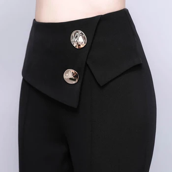 Naiste Püksid 2021 Uus Mood Kõrge Vöökoht Põletatud Püksid Elegantne Volditud Vöökoht Suured Nupud Ruffles Pikad Püksid Naiste