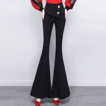 Naiste Püksid 2021 Uus Mood Kõrge Vöökoht Põletatud Püksid Elegantne Volditud Vöökoht Suured Nupud Ruffles Pikad Püksid Naiste