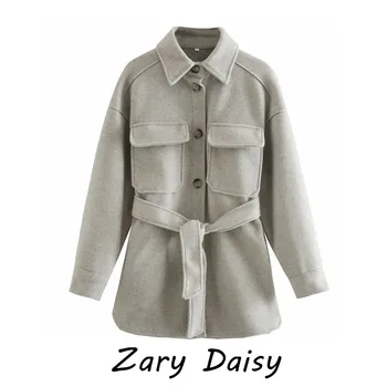 Zary Daisy koos vöö kaerahelbed paks särk-stiilis villane mantel keskmise pikkusega vabaaja naiste pluus
